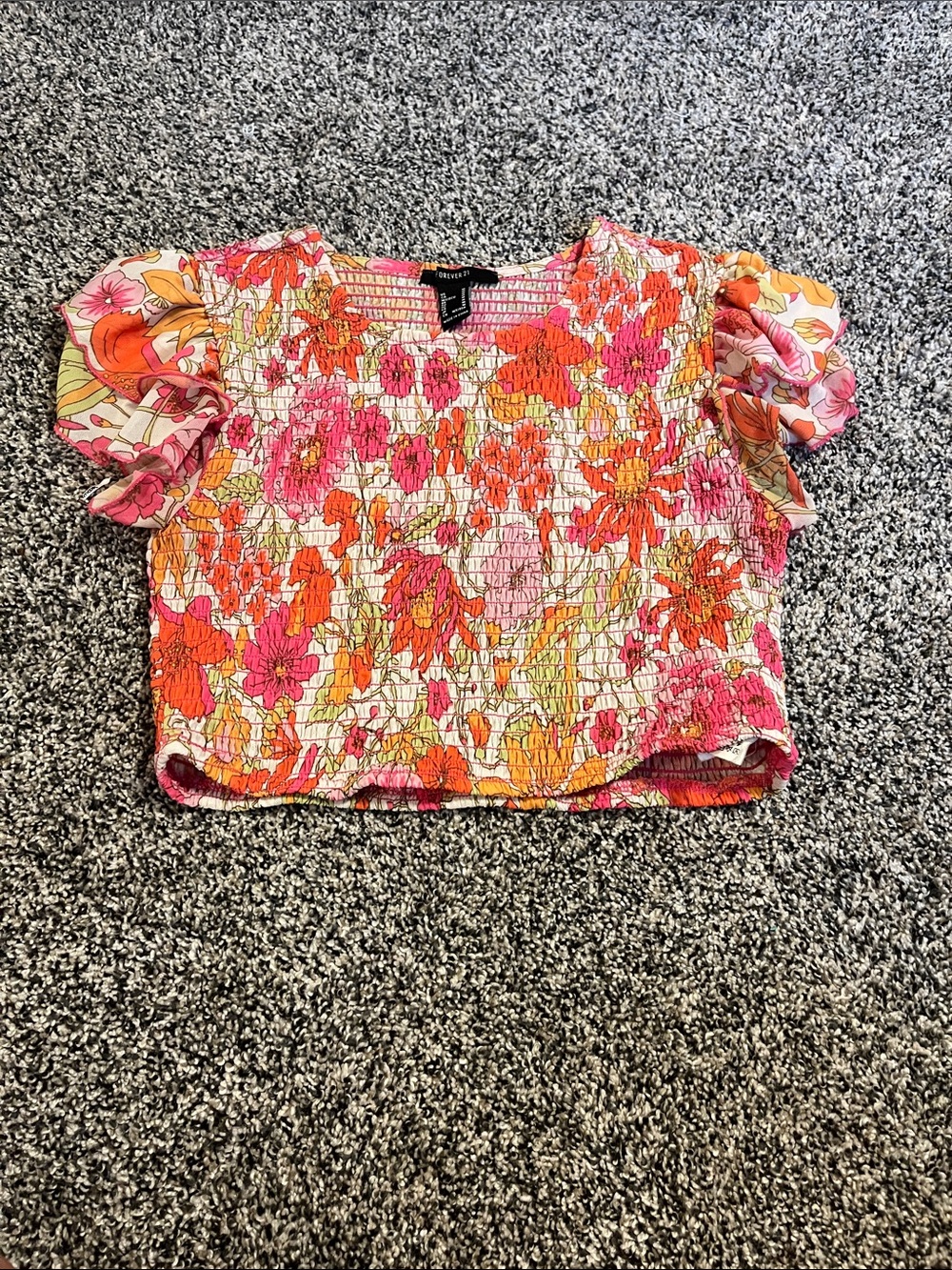 Forever 21 Pink Orange Floral Smocked Puff Sleeve Crop Top
